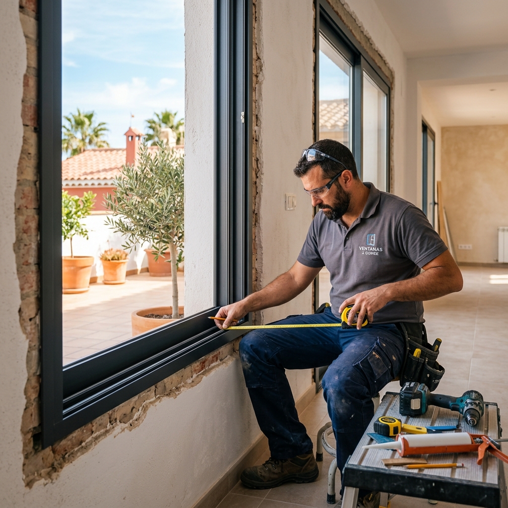 Profesional de Aluminios El Puente instalando ventana de aluminio con precisión en una vivienda de Cartagena